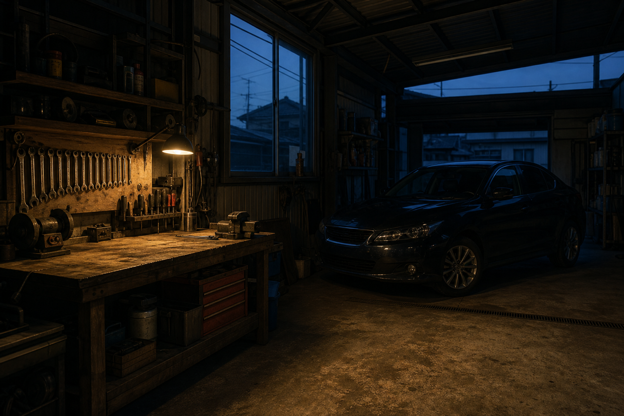 矢納自動車の作業場